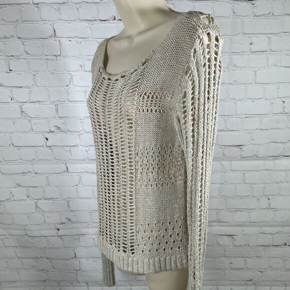 Free People Goccia Beige Multicolor Crop Cotton Linen Blend Open Knit Sweater S - Picture 3 of 8